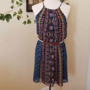 Above the knee patterned spaghetti strap dress